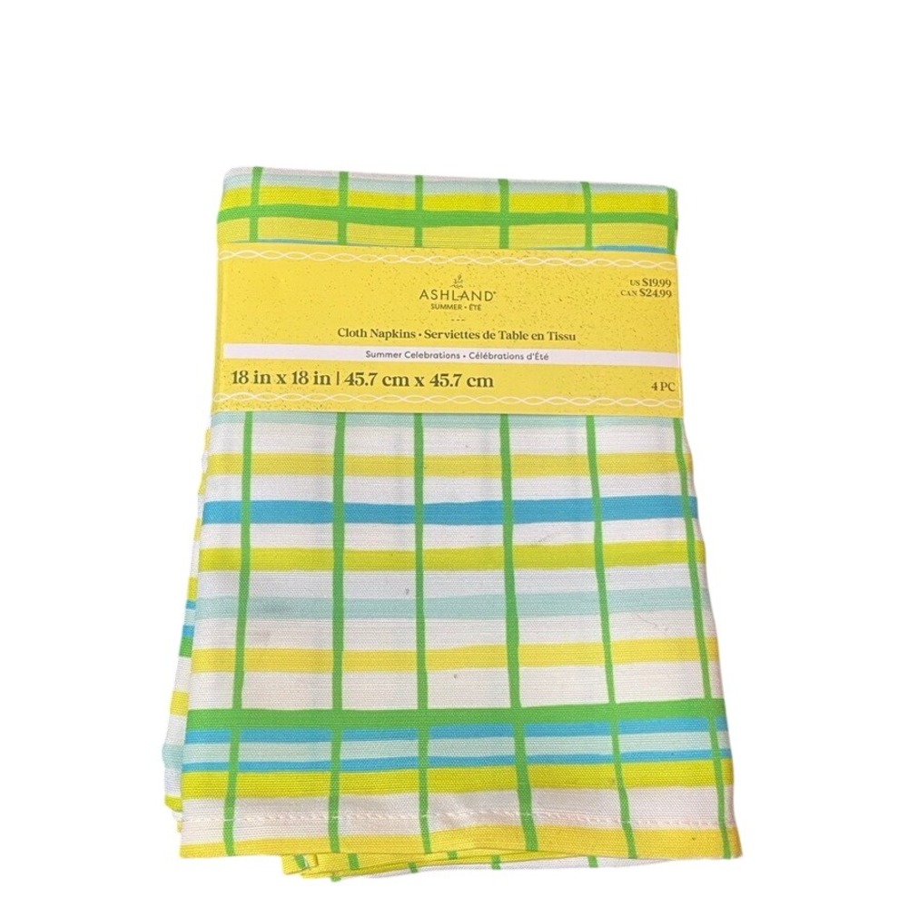 Ashland Summer Celebrations Cloth Napkins 4 Pack Yellow Green‎ Blue Plaid 18x18